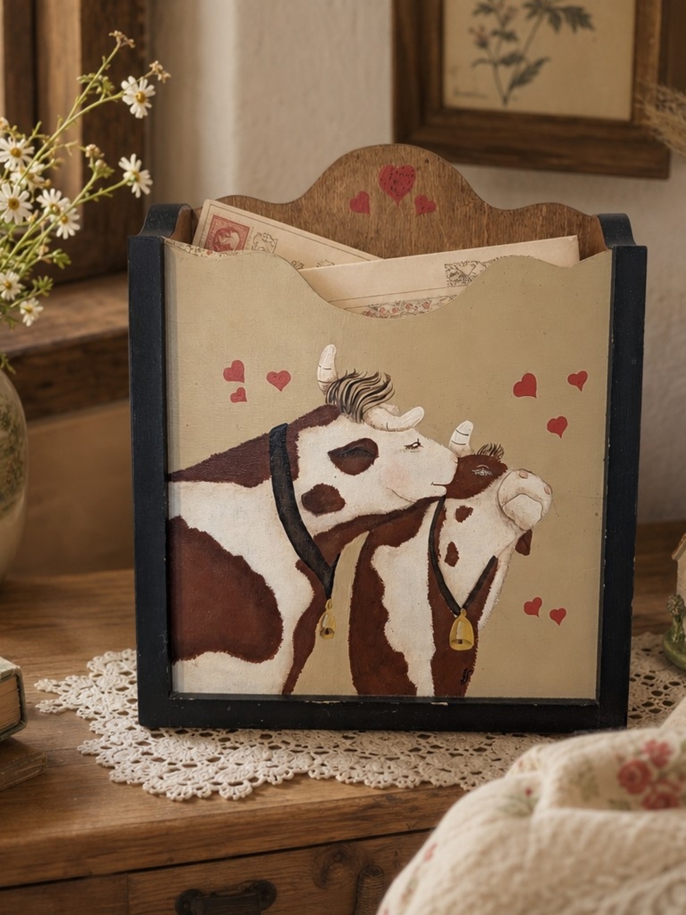 Hand-Painted Cow Mail Holder - Brown & Cream